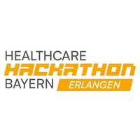 Das Bild zeigt das Logo des „Healthcare Hackathon Bayern Erlangen“. Es besteht aus dem Text „Healthcare Hackathon“ in orange und „Bayern Erlangen“ in grau darunter, wobei „Erlangen“ in einem orangenen Feld platziert ist.