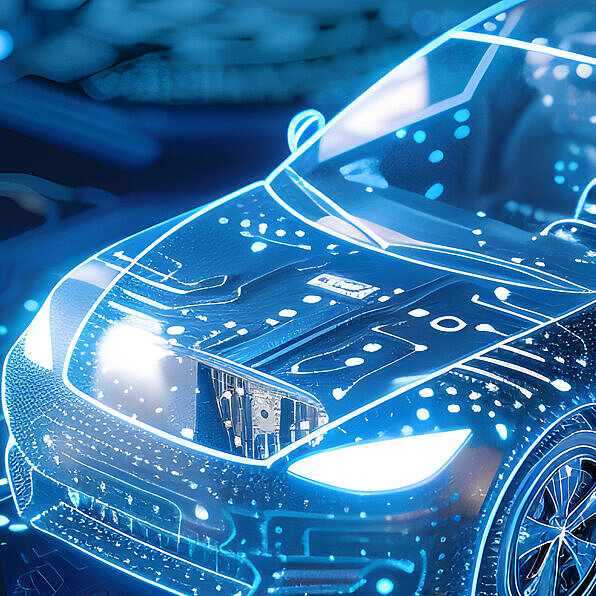 Darstellung eines Autos auf einer Leiterplatte, die die Fusion von Fahrzeugtechnik und Elektronik verdeutlicht.