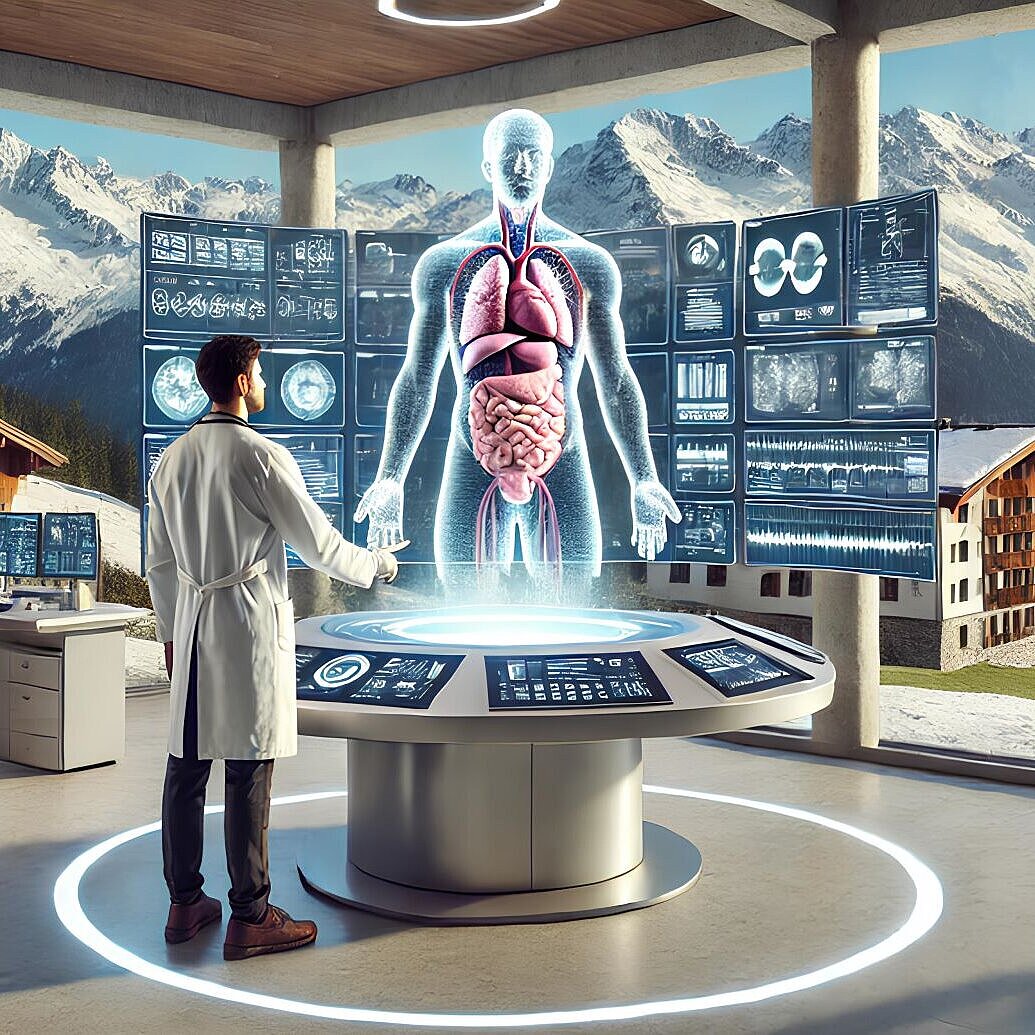 Das Bild zeigt einen Arzt in einem modernen, hochtechnologischen Raum mit Blick auf eine verschneite Berglandschaft. Der Arzt steht an einem interaktiven Tisch, auf dem ein holografisches, dreidimensionales Modell des menschlichen Körpers mit seinen inneren Organen zu sehen ist. Um den Tisch herum befinden sich mehrere Monitore, die medizinische Daten anzeigen.