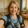 Eine Frau trägt ein Exoskelett, das ihre Bewegungen unterstützt, und lächelt in die Kamera.