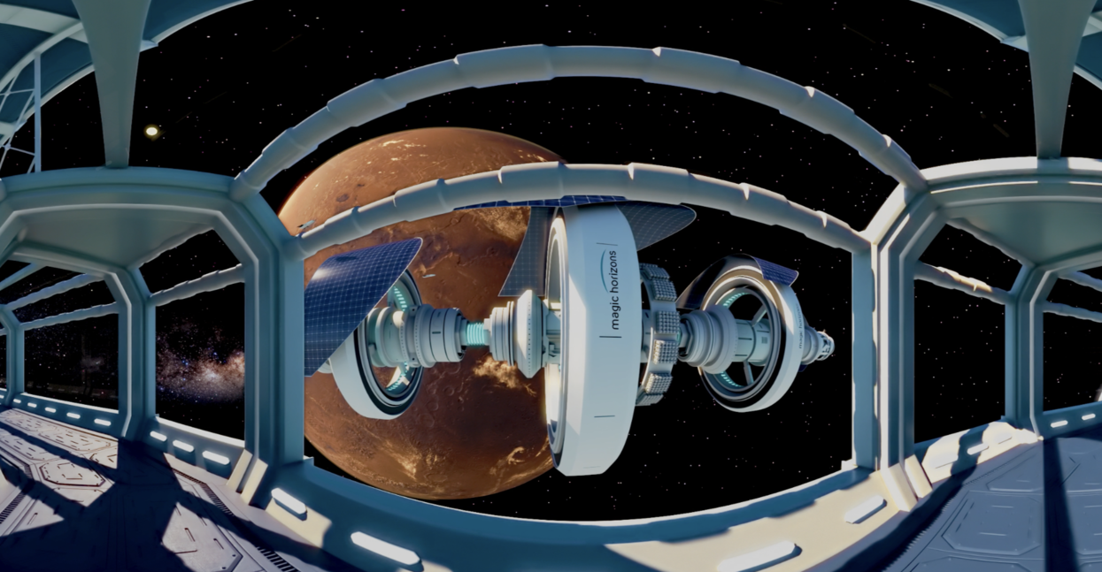 Der Blick geht aus einer Raumstation hinaus in den Weltall, davor ein Satellit und ein Planet im Hintergrund