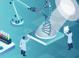 Labor mit zwei Forschern, einem DNA-Doppelhelix-Modell und einem Roboterarm, der an der DNA arbeitet