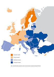 Karte Europas mit Angaben zur Innovationsstärke der einzelnen Länder