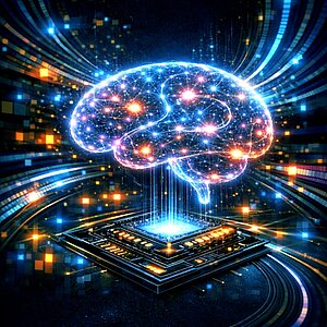 Leuchtendes Gehirn über einem Mikrochip mit digitalen Lichtströmen