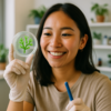 Eine Frau präsentiert eine Pflanze im Kontext von synthetischer Biotechnologie.