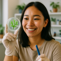 Eine Frau präsentiert eine Pflanze im Kontext von synthetischer Biotechnologie.