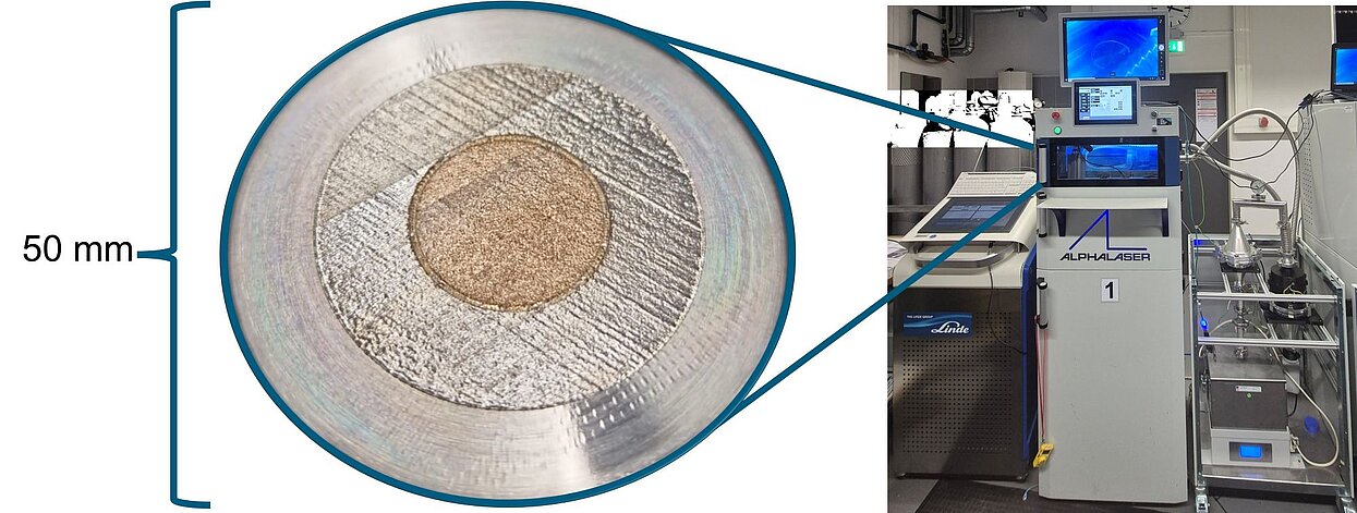 Multimaterialbauteil aus Edelstahl und Bronze, Abbildung des Eigenbaus auf Basis der Alpha Laser-Anlage