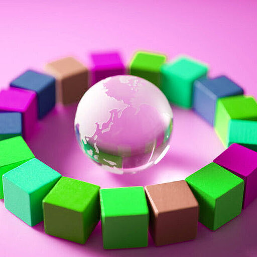 Glasglobus mit bunten Würfel