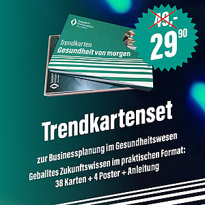	Das Bild zeigt ein Werbeangebot für ein "Trendkartenset" zum Preis von 29,90€. Das Set, bestehend aus 38 Karten, 4 Postern und einer Anleitung, dient der Businessplanung im Gesundheitswesen und verspricht geballtes Zukunftswissen in praktischem Format.
