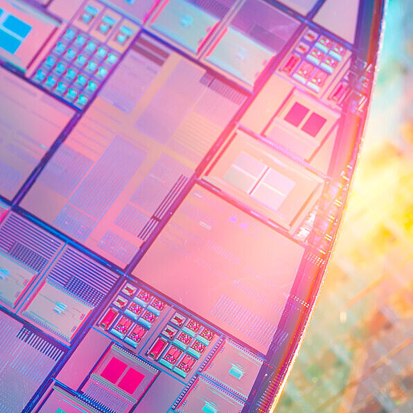 Im Vordergrund sieht man das Logo der Bavarian Chips Alliance. Im Hintergrund sieht man eine Nahaufnahme einer Halbleiterplatte die für das Bild in pink- und gelb-Tönen eingefärbt wurde.