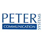 Logo mit dem Schriftzug 'PETER' in Großbuchstaben, darunter in einem dunkelblauen Rechteck 'COMMUNICATION' und rechts daneben vertikal 'SYSTEMS'