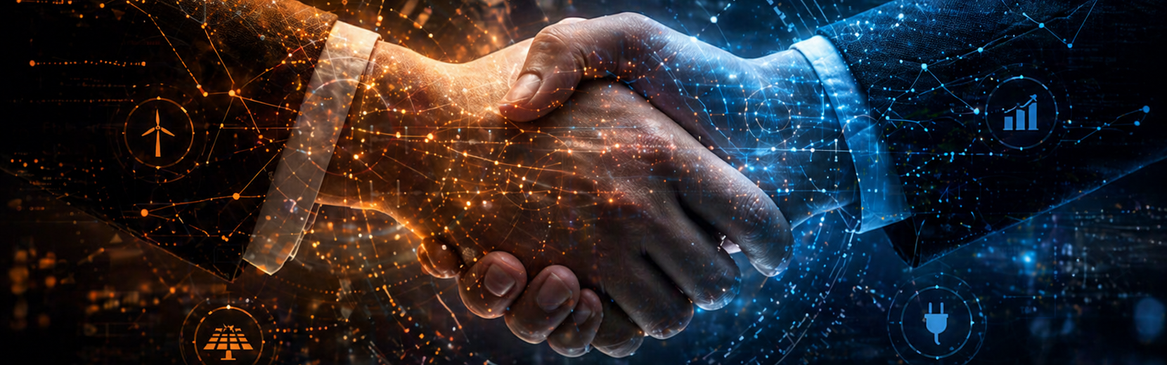 Zwei Hände im Handschlag vor digitalem Netzwerkhintergrund mit Symbolen für Energie, Nachhaltigkeit und Zusammenarbeit.