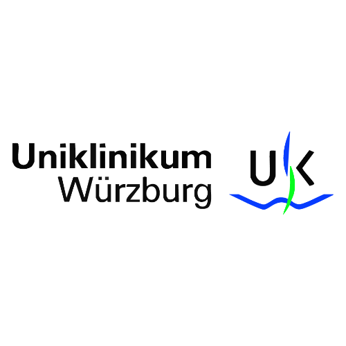 Schriftzug 'Uniklinikum Würzburg' neben stilisiertem Logo mit den Buchstaben 'U' und 'K' und blauen sowie grünen Linien