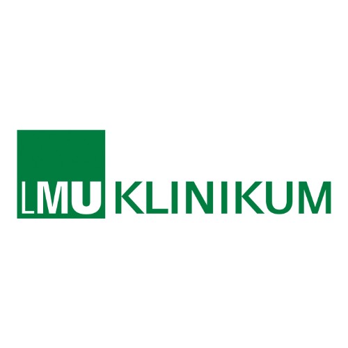 Grünes Quadrat mit weißem Schriftzug 'LMU' daneben grüner Schriftzug 'KLINIKUM'