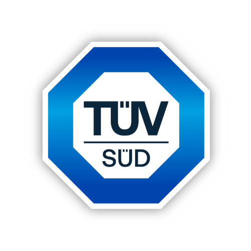 Blaues achteckiges Logo mit weißem Innenfeld und dem Schriftzug 'TÜV SÜD' in dunkler Schrift