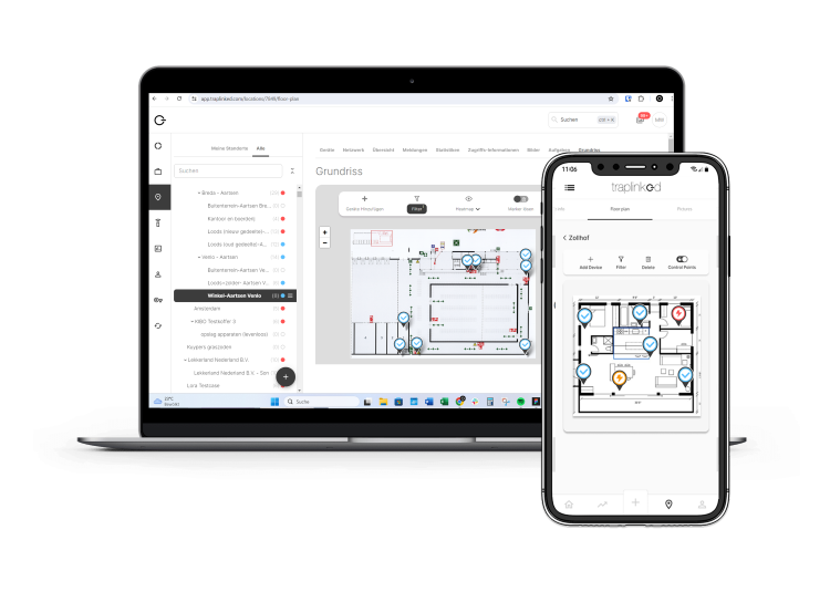 Laptop und Smartphone zeigen die Traplinked-Software mit einem Gebäude-Grundriss und markierten Gerätepositionen.